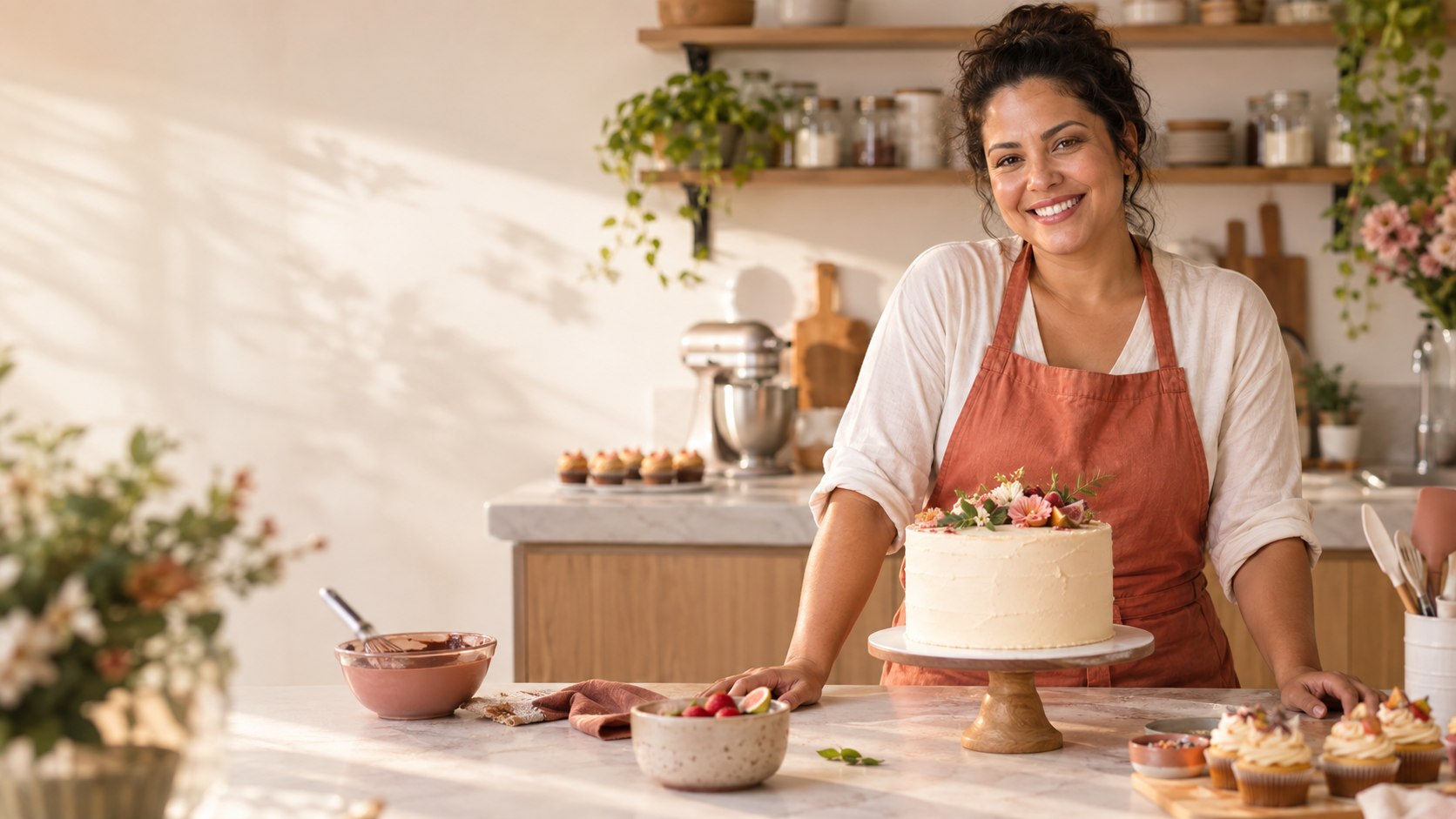 Confeiteira sorrindo ao lado de um bolo em sua cozinha de produção